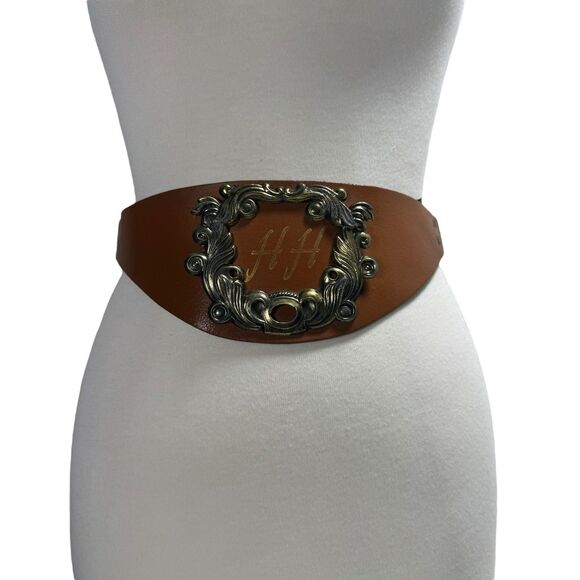 Women’s Brown Leather Apron Corset Belt Medallion HH Monogram - Picture 1 of 9